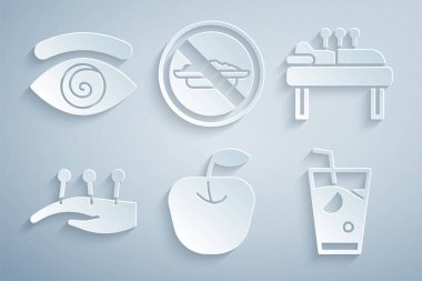 Apple, Akupunktur terapisi, Taze smoothie, Besin Diyet Yok ve Hipnoz ikonu. Vektör