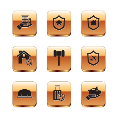 Ev sigortası, işçi kaskı, rozetli seyahat çantası, Yargıç Gavin, Piggy Bank ve mezuniyet şapkası ikonu. Vektör