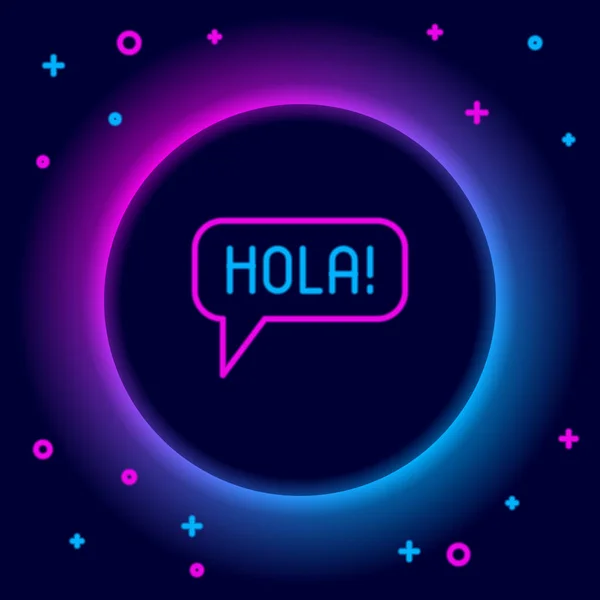 Glowing neon line Hola in different languages icon isolated on black background. 말 거품. 화려 한 윤곽 개념. Vector — 스톡 벡터