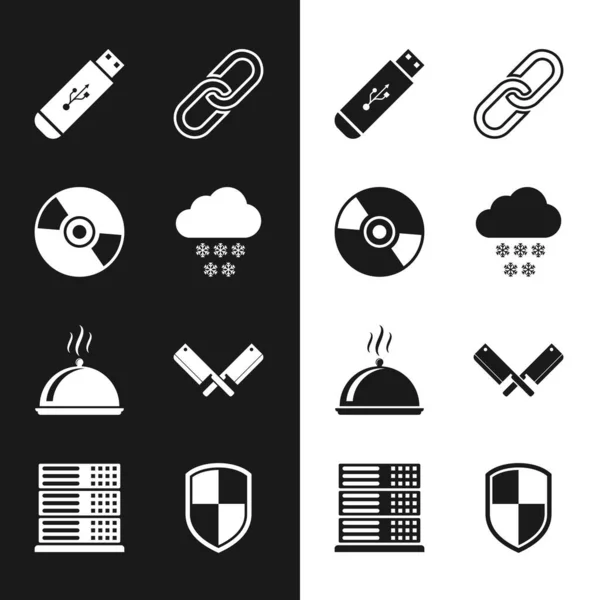 Set Cloud met sneeuw, CD of DVD disk, USB flash drive, Chain link, Covered tray of food en Crossed meat chopper icoon. Vector — Stockvector