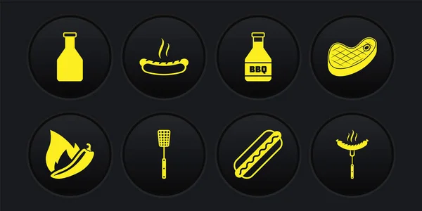 Set Chilischote, Steakfleisch, Grillspachtel, Hotdog-Sandwich, Ketchup-Flasche, Wurst auf der Gabel und Symbol. Vektor — Stockvektor