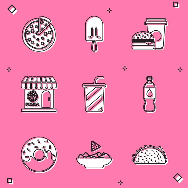 Set Pizza, Helado, Café y hamburguesa, Fachada edificio Pizzería, Vaso con agua, Botella, Donut y Nachos icono de la placa. Vector — Vector de stock