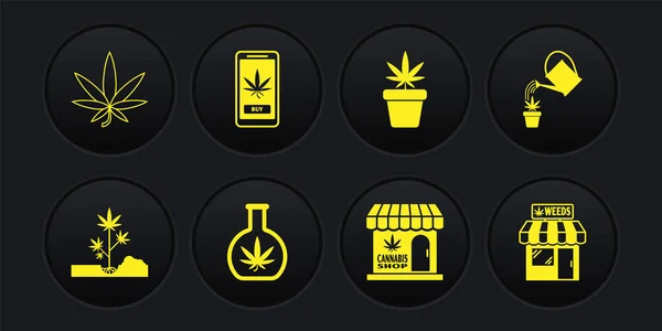 Set Plantación de marihuana, regadera, probeta con, tienda de marihuana y cannabis, maceta, compra en línea, y el icono de la hoja. Vector — Archivo Imágenes Vectoriales