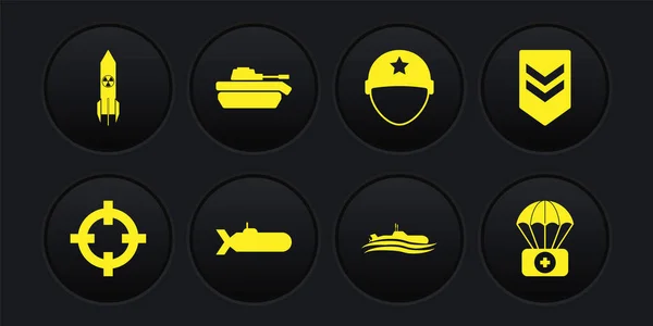 Fije el deporte objetivo, Chevron, submarino, casco militar, tanque, paracaídas con kit de primeros auxilios y el icono del cohete nuclear. Vector — Vector de stock