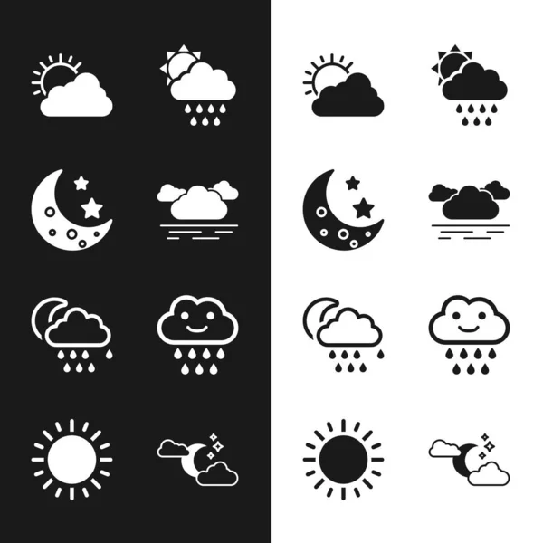 Untergehende Wolken, Mond und Sterne, Sonnenwolkenwetter mit Regensonne, Mond und Ikone. Vektor — Stockvektor
