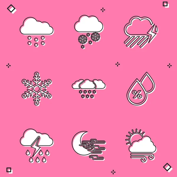 Set Wolke mit Schnee, Regen und Blitz, Schneeflocke und Wassertropfen Prozentsatz Symbol. Vektor — Stockvektor