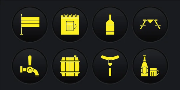 Set biertap, picknicktafel met banken, houten vat, worst op de vork, fles, Saint Patricks dagkalender, en glas en Nationaal Duitsland vlag pictogram. Vector — Stockvector