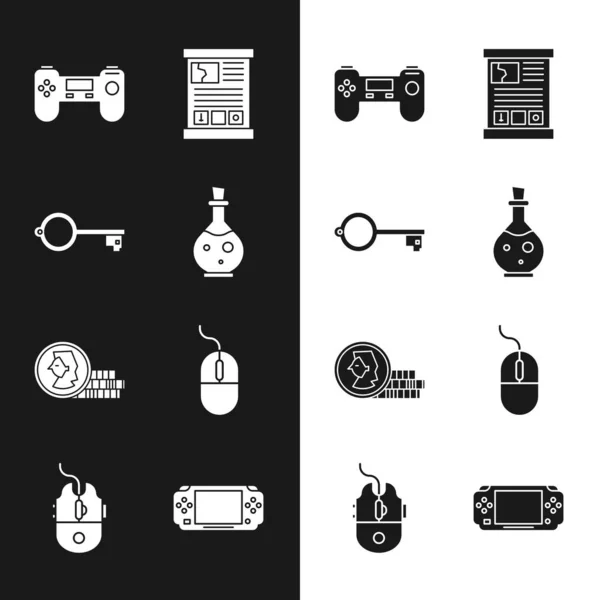 Set Flasche mit magischem Elixier, Antike Schlüssel für Spiel, Gamepad, Führer, Münze, Computermaus, tragbare Videokonsole und Gaming-Symbol. Vektor — Stockvektor