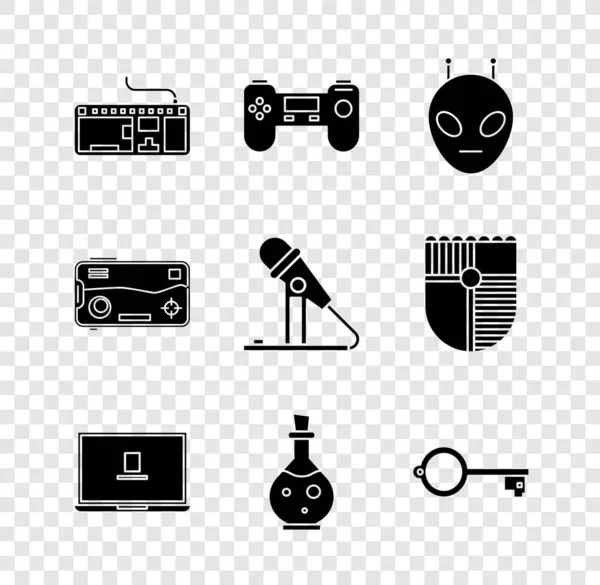 Set Computer keyboard, Gamepad, Alien, Laptop, Bottle with magic elixir, Ancient for game, Mobile and playing in and Microphone icon. Vector — Stock Vector