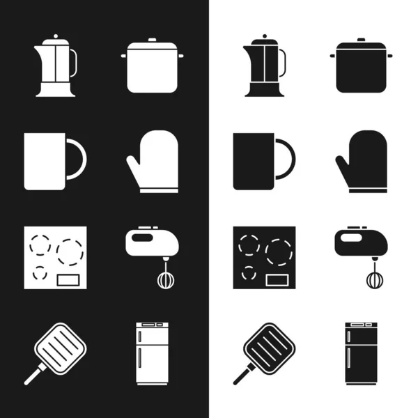 Set Guante para horno, taza de café, prensa francesa, olla de cocina, estufa eléctrica, mezclador, refrigerador e icono de sartén. Vector — Archivo Imágenes Vectoriales