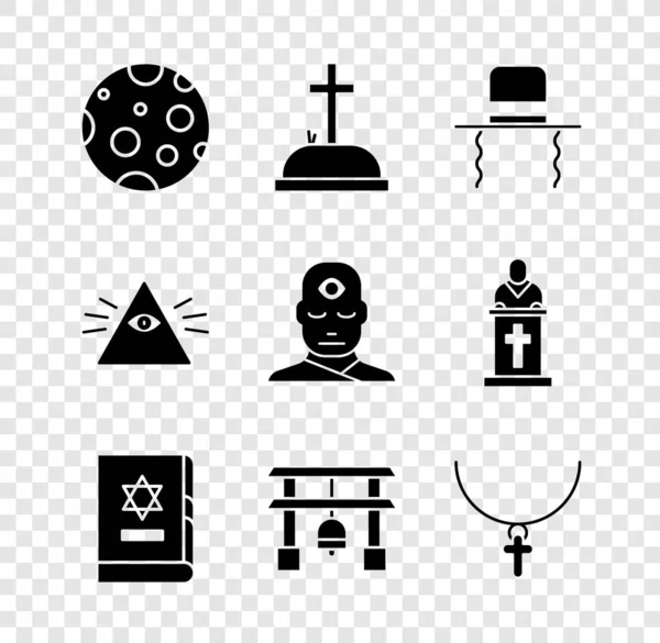 Set Moon, Tombstone kereszttel, ortodox zsidó kalap sidelocks, Zsidó Tóra könyv, Japán kapu, Keresztény lánc, Szabadkőműves és Man harmadik szem ikon. Vektor — Stock Vector