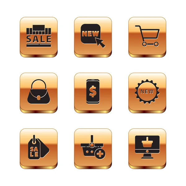 Set Shopping building and sale, Price tag with Sale, Add to cart, Smartphone dollar, Handbag, cart, Monitor shopping and Button text Νέο εικονίδιο. Διάνυσμα — Διανυσματικό Αρχείο