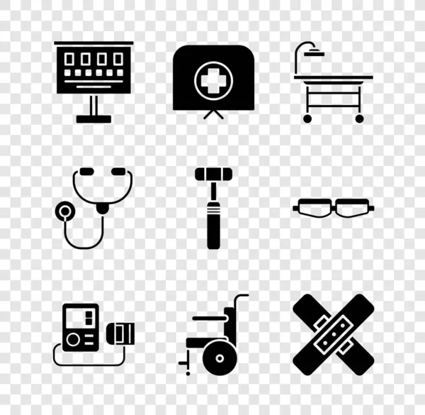 Set Eye test chart, Sjuksköterska hatt med kors, Operationsbord, blodtryck, Rullstol för funktionshindrade, Crossed bandage gips, Stetoskop och neurologi reflex hammare ikon. Vektor — Stock vektor