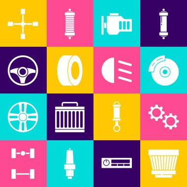 Araba hava filtresi, dişli, fren diskini ayarlayın, motoru, lastiği, direksiyonu, tekerlek anahtarını ve yüksek ışın simgesini kontrol edin. Vektör