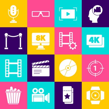 Spot ışığı, Eski film gerisayımı çerçevesi, 4k Ultra HD, Online oyun videosu, 8k ile Monitor, Halat bariyeri, Mikrofon ve Video Oynat simgesi. Vektör