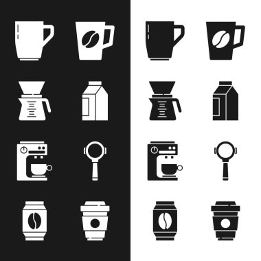 Kahve çekirdekleri, kahve makinası, kahve fincanı, makine, filtre tutacağı hazırla. Vektör