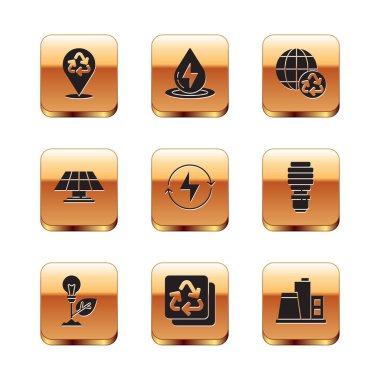 Geri dönüşümü ayarla, yapraklı ampul, yıldırım, güneş enerjisi paneli, toprak ve geri dönüşüm gezegeni, fabrika ve su ikonu. Vektör