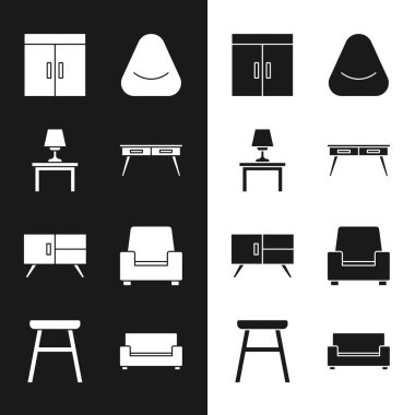 Ofis masası, masa lambası, Gardırop, Pouf, Çekmeceler, Koltuk, Koltuk ve Sandalye ikonu. Vektör