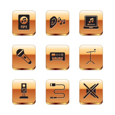 MP3 dosya belgesini, Stereo hoparlörünü, Audio jack 'i, Music synthesizer' ı, Microphone 'u, Laptop' u müzik notalı, Speaker 'ı ve Ear listen ses sinyali simgesini ayarla. Vektör