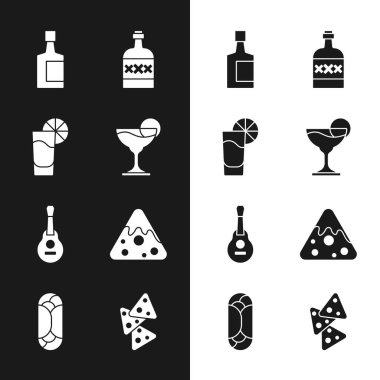 Margarita kokteyli, limonlu tekila bardağı, Meksika gitarı, Nachos ve Burrito ikonu. Vektör