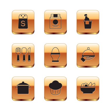 Salt, Cooking Cupcake, tavuk yumurtası, çatal, kaşık bıçağı, şampanya kovası, Nachos tabağı ve internetten sipariş ikonu. Vektör