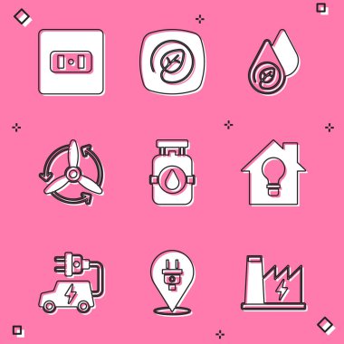 Elektrik prizi, yaprak, su enerjisi, rüzgar türbini, propan benzin deposu, akıllı ev ve ampul, araba ve fiş ikonlu konum ayarlayın. Vektör