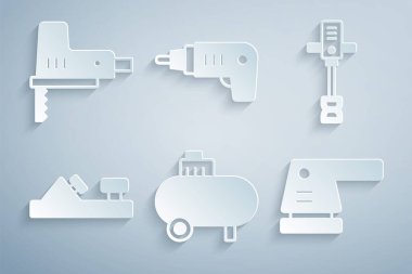 Hava kompresörünü, elektrikli el beton karıştırıcıyı, tahta uçak aletini, kumluğu, kablosuz tornavidayı ve yapboz simgesini ayarla. Vektör