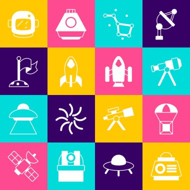 Uzay kapsülü, paraşütle uçan kutu, Teleskop, Büyük Ayı takımyıldızı, Roket gemisi, bayraklı ay, astronot miğferi ve simgesi. Vektör