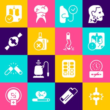 Set Joint pain, knee pain, No smoking time, Disease lungs, Healthy breathing, electronic cigarette, Candy, Lungs x-ray diagnostics and Cigarette butt icon. Vector