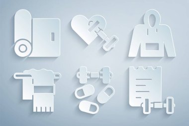Dambıl, kapüşonlu spor, askıda havlu, eğitim programı, Dumbbell Heart ve Fitness Roll ikonu. Vektör