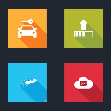 Araba kiralama, yükleme, UFO uçan uzay gemisi ve uzaylı ve Cloud posta sunucu simgesini ayarla. Vektör