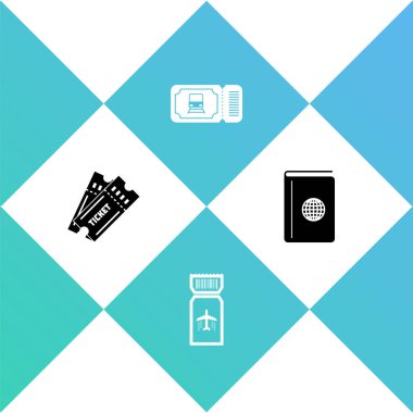 Bilet, uçak bileti, tren ve kapak kitabı seyahat rehberi ikonu. Vektör