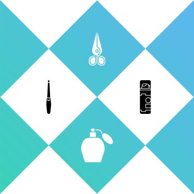 Tırnak törpüsü, parfüm, makas ve tıraş köpüğü simgesini ayarla. Vektör