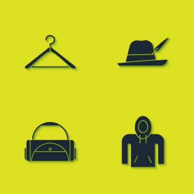 Askı dolabını, kapüşonluyu, spor çantasını ve Oktoberfest şapka ikonunu hazırla. Vektör