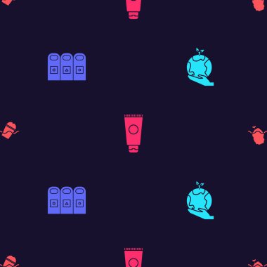 El ele tutuşan dünyayı, çöp tenekelerini, krem kozmetik tüplerini ve okyanus kirliliğini kusursuz bir şekilde ayarla. Vektör