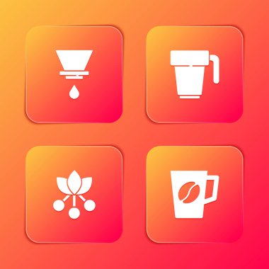 V60 kahve makinesi, kahve fincanı, fasulye, dal ve ikon hazırla. Vektör