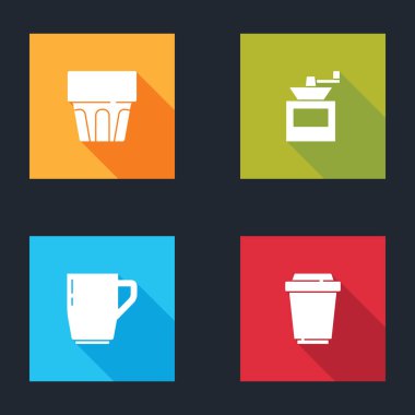 Bardağı suyla, el yapımı kahve öğütücüsüyle kahve fincanını hazırla ve ikon yap. Vektör