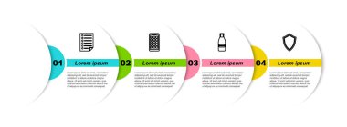 Hat dökümanları, mobil uygulamalar, cam şişe sütü, kapağı ve kalkanı ayarlayın. Ticari bilgi şablonu. Vektör