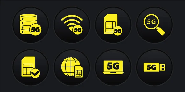 Impostare Sim card, Ricerca rete 5G, Globe Card, Laptop con, modem e icona del server. Vettore — Vettoriale Stock