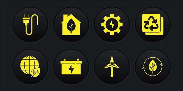 Set Erdkugel und Blatt, Recycling, Autobatterie, Windturbine, Getriebeblitz, umweltfreundliches Haus und Stecker-Symbol. Vektor — Stockvektor