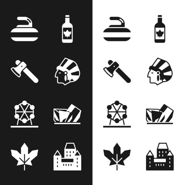 Indianer-Set, Holzbeil, Stein zum Curling, Bierflasche, Riesenrad, Royal Ontario Museum, Chateau Frontenac Hotel und kanadisches Ahornblatt-Symbol. Vektor — Stockvektor