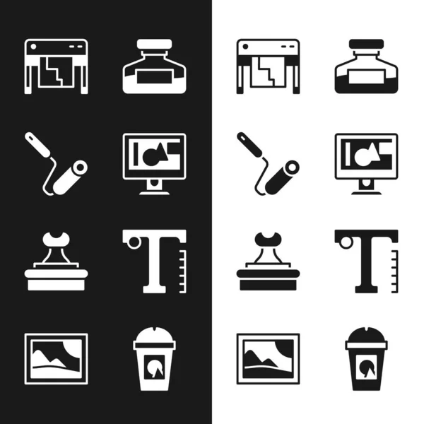 Set Computer monitor scherm, Verf roller borstel, Plotter, Inkt fles, Stempel, Tekst, Koffie kopje gaan en Picture landscape icoon. Vector — Stockvector