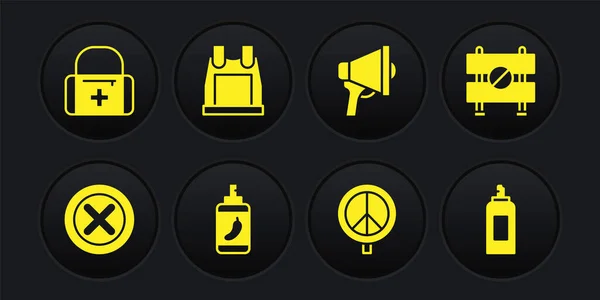 Набор X Mark, Cross in circle, Road barrier, Pepper spray, Peace, Megaphone, Bulletproof vest, Paint can and First aid kit icon. Вектор — стоковый вектор