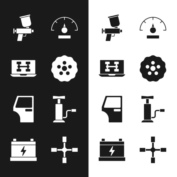 Set Getriebe, Diagnose Zustand des Autos, Farbspritzpistole, Geschwindigkeitsmesser, Autotür, Luftpumpe, Radschlüssel und Batterie-Symbol. Vektor — Stockvektor