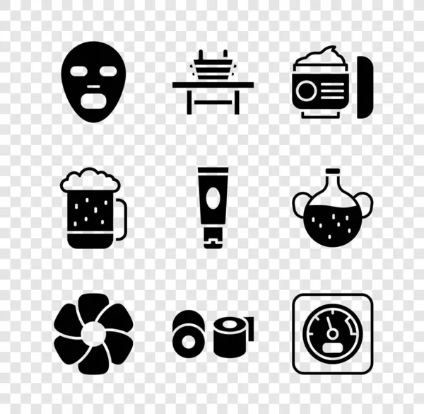 Set Facial kosmetické masky, Sauna lavice s kbelíkem, krém nebo krém trubice, Květ, Toaletní papír role, teploměr, Dřevěný pivní hrnek a ikona. Vektor — Stockový vektor