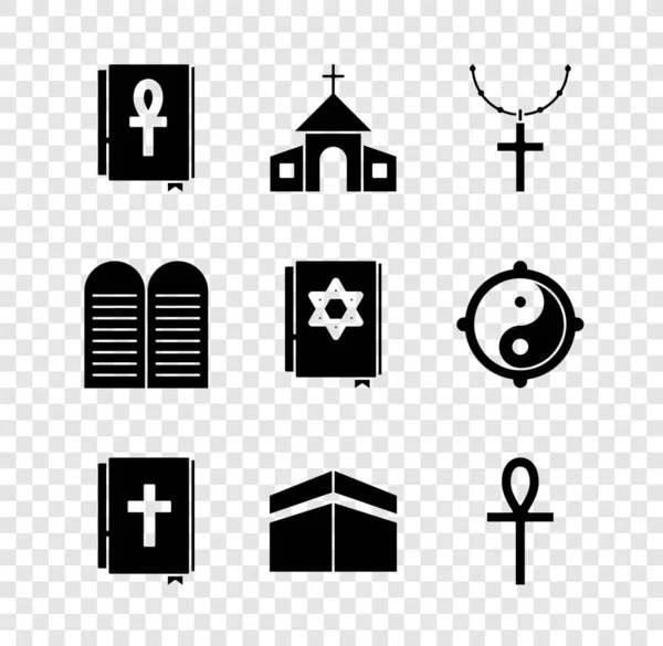 Установить крест ankh книги, здание церкви, христианский крест на цепи, Священная Библия, мечеть Кааба, заповеди и икона еврейской Торы. Вектор — стоковый вектор