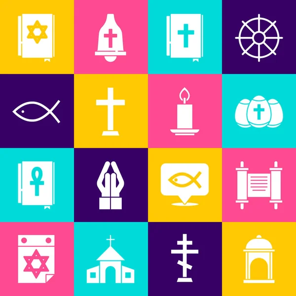 Set Muslim Mosque, Decree, paper, parchment, scroll, Easter egg, Holy bible book, Christian cross, fish, Jewish torah and Burning candle icon. Vector — Stock Vector