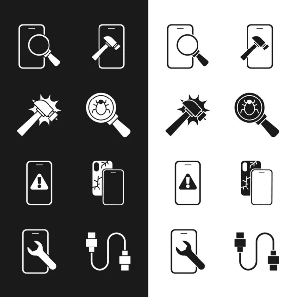 Set Error del sistema, martillo, servicio de reparación de teléfono, móvil con pantalla rota, signo de exclamación, cable USB e icono. Vector — Archivo Imágenes Vectoriales