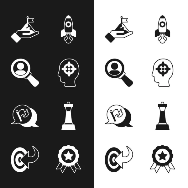 Set Head hunting, Magnifying glass for search, Mountains with flag, Rocket ship, Flag, Chess, Medal and Target icon. Vector — Stock Vector