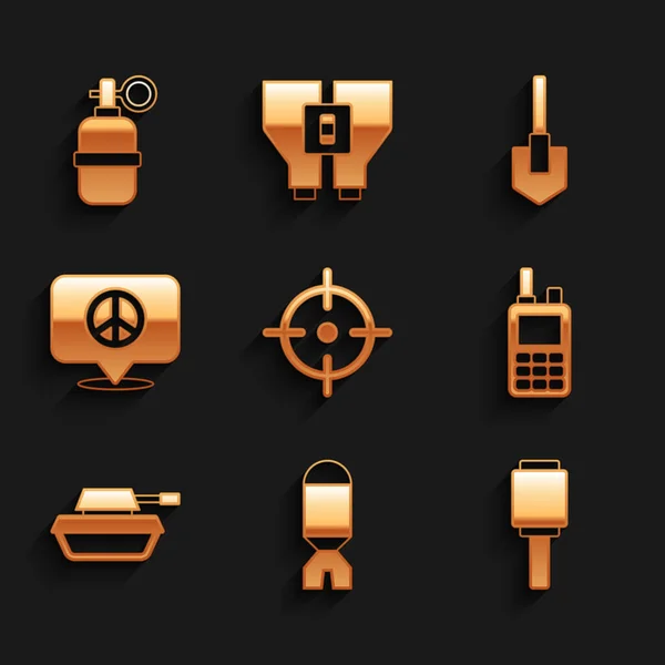 Set Target sport, Rocket launcher, Anti-tank handgranaat, Walkie talkie, Militair, Locatie vrede, Shovel en Hand pictogram. Vector — Stockvector